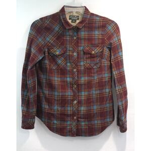 Eddie Bauer Pendleton Wool Flannel Top Women size S Brown Plaid Button Up Pocket